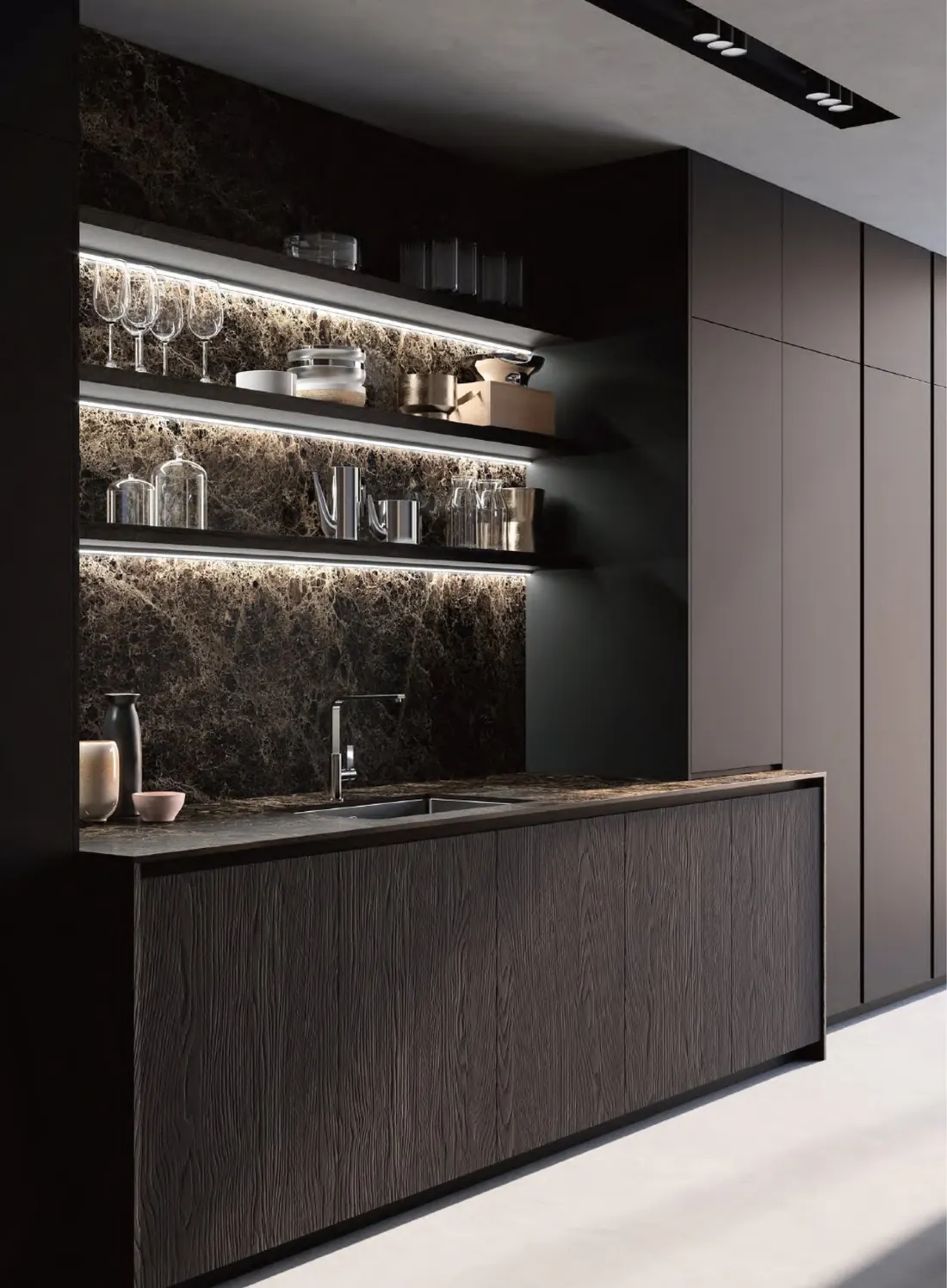 Bar unit with illuminated glass shelves