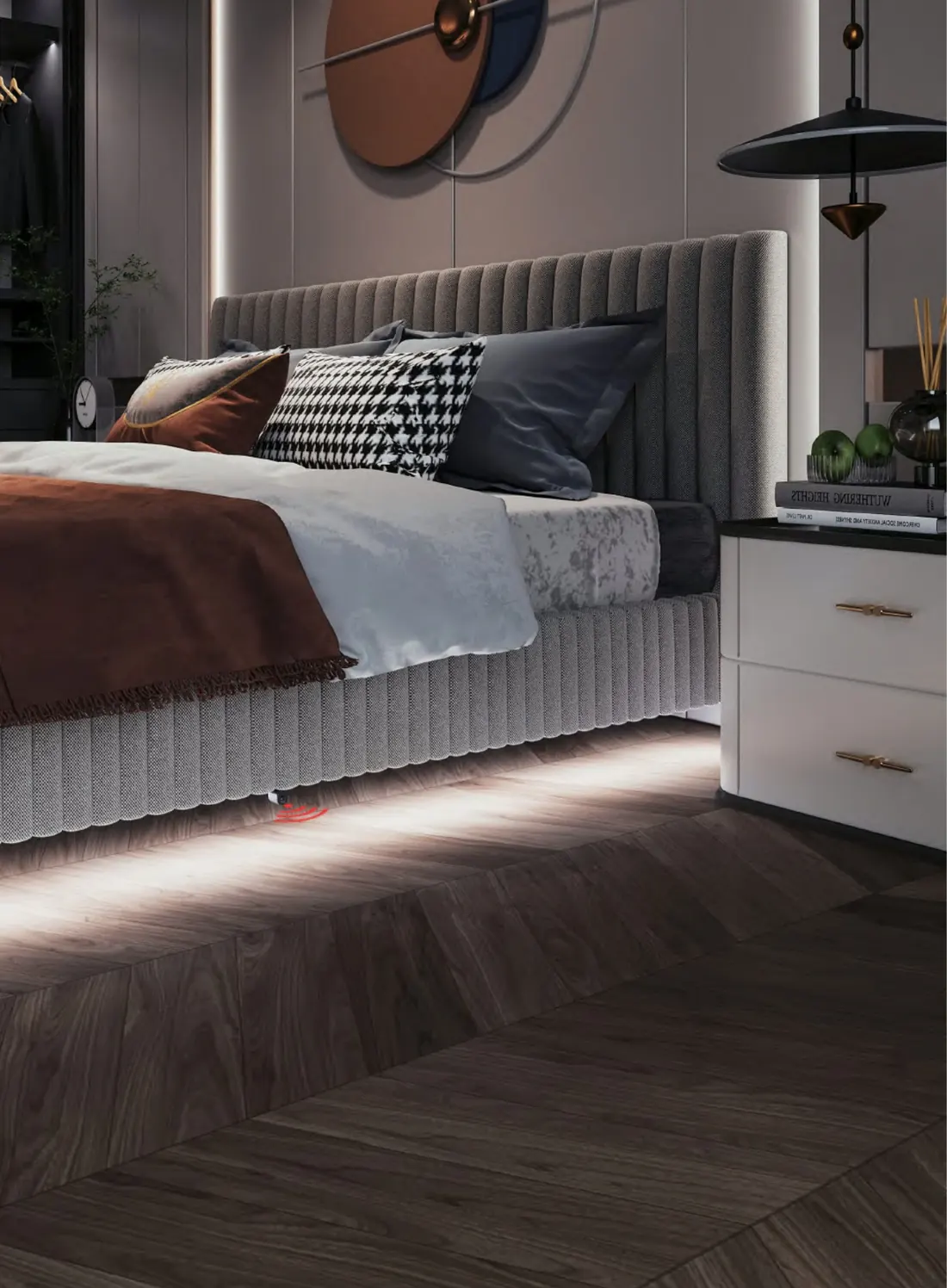 Bedroom with LED lit bed base
