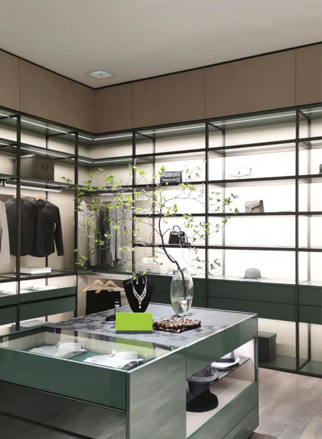 Boutique with glass display cabinets and island