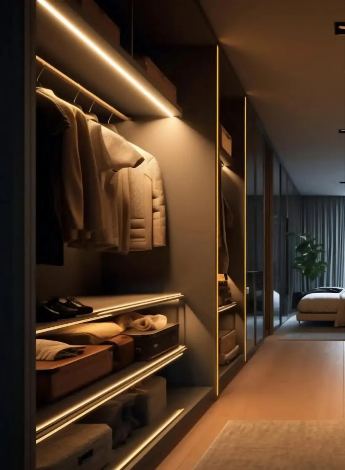 Walk-in closet with lit shelves and hanging rails