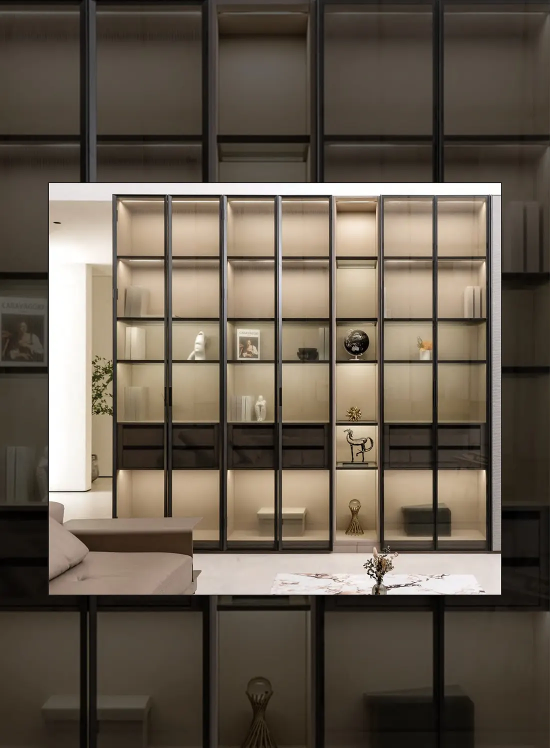 Grid display cabinet with lit compartments