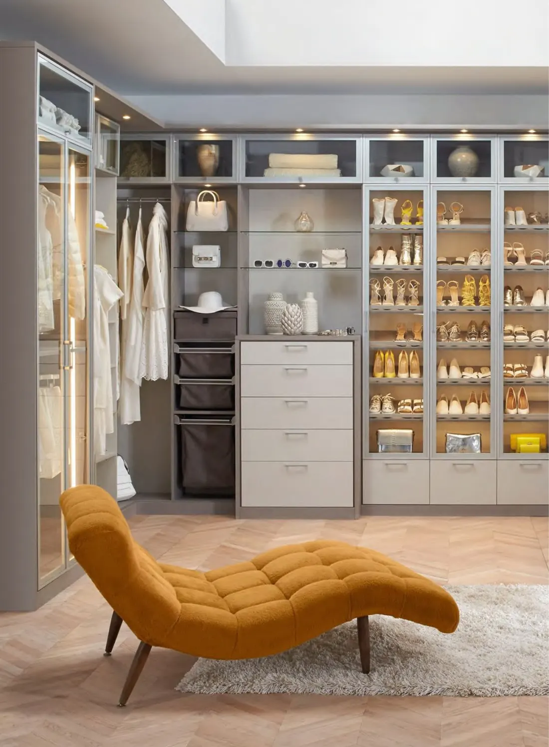 Bright dressing room with glass display wardrobes
