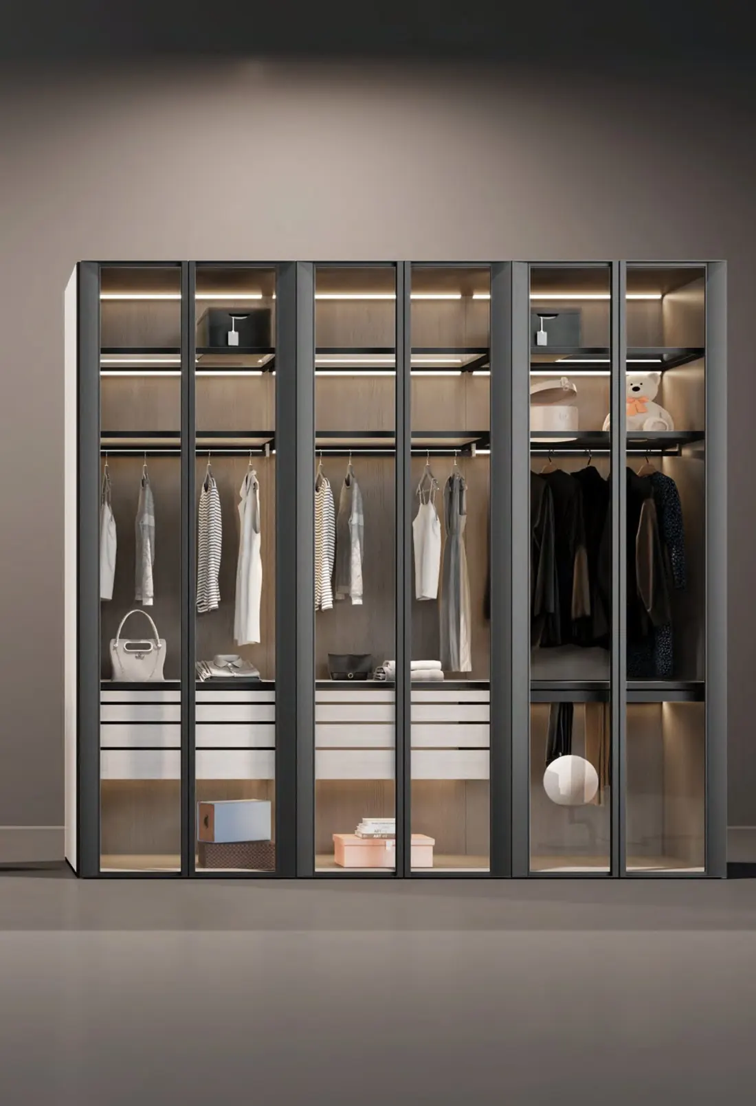 Four-bay glass wardrobe with black profiles