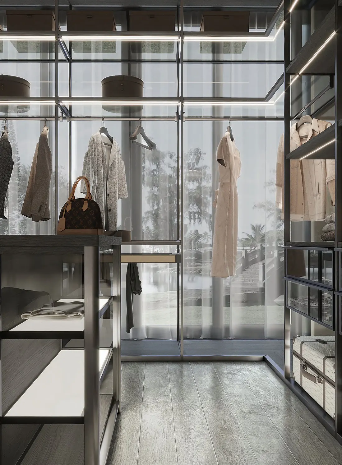 Full-height glass wardrobe in a bright dressing room
