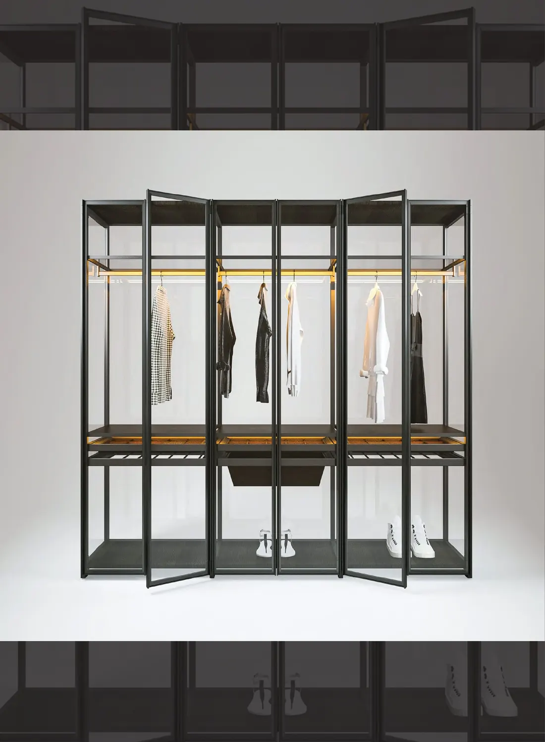 Freestanding glass wardrobe frame with bifold doors