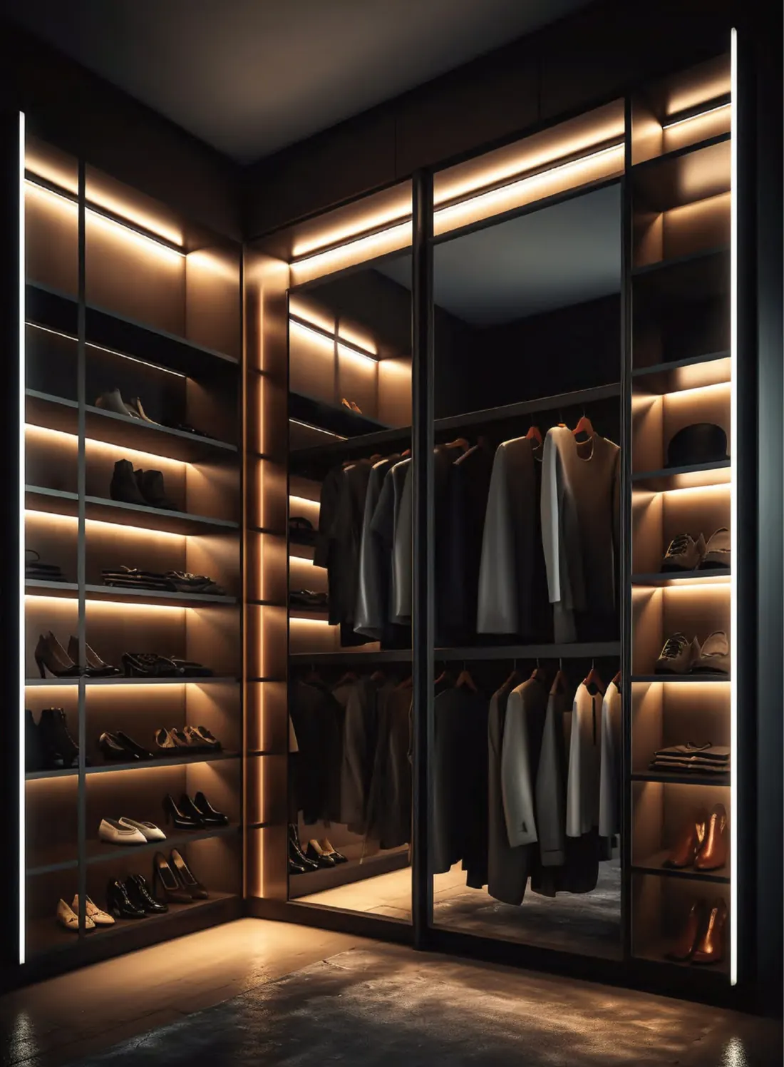 Walk-in wardrobe with glass shutters and LED shelf lighting