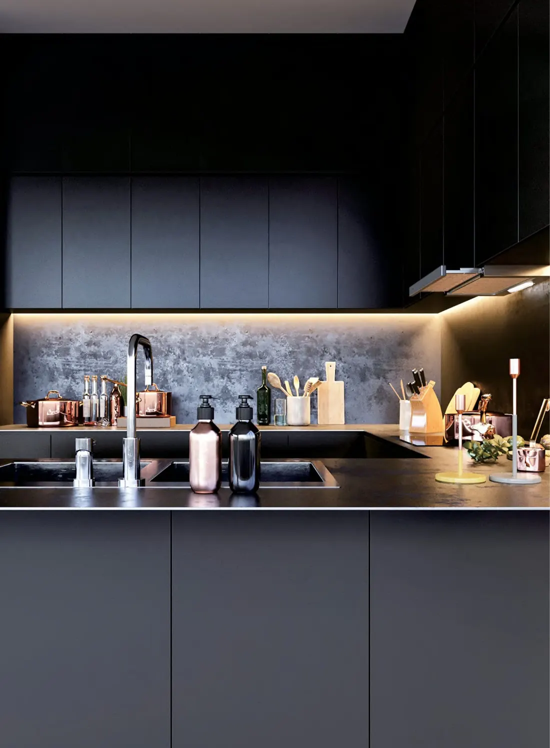 Dark kitchen with under-cabinet LED strip lighting