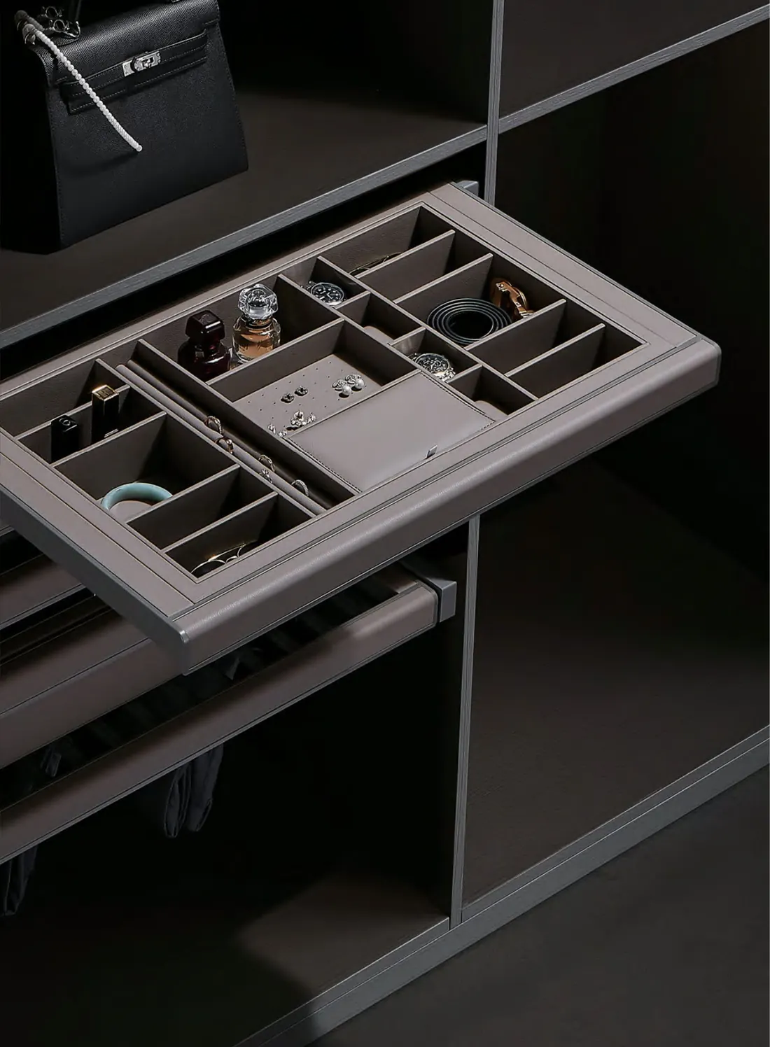 Leather-lined watch and jewellery tray