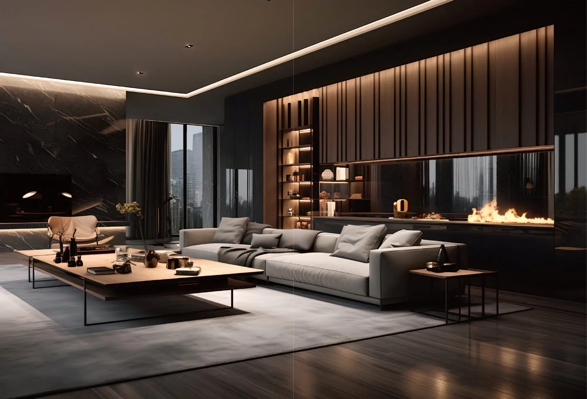 Dark living room with lit wall shelving and fireplace