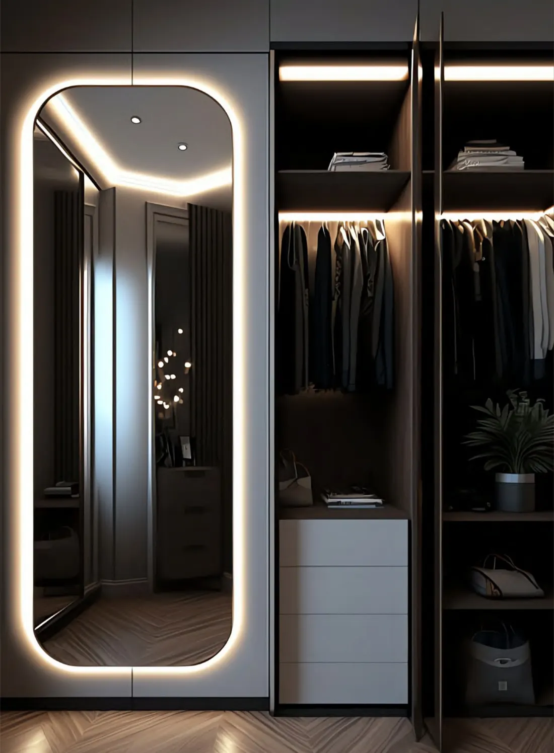 Dressing room with backlit mirror and lit wardrobe