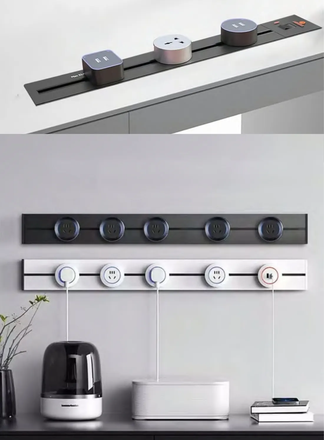 Wall power track with movable socket modules