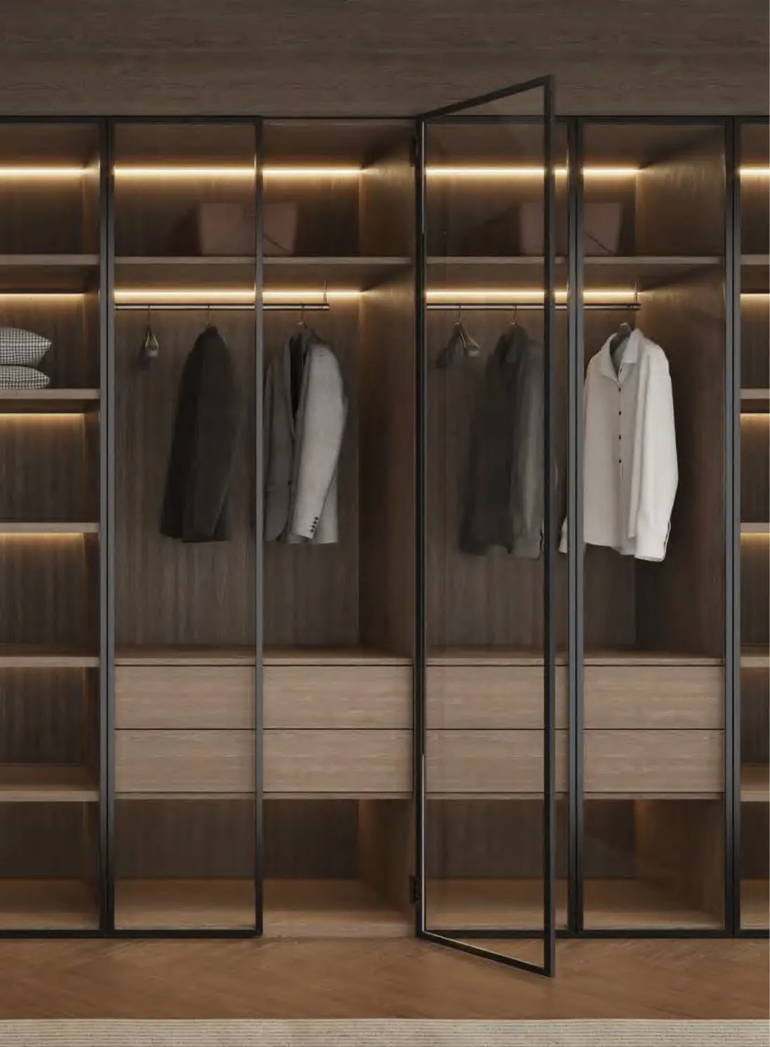 Walnut wardrobe with full-height glass doors on air hinges